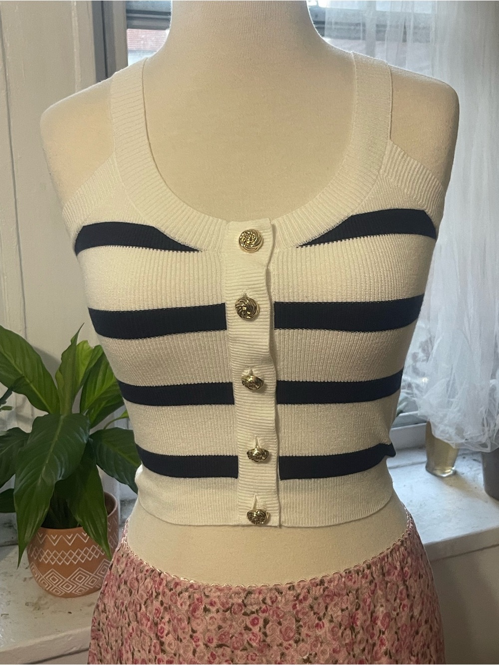 Generation Love White & Navy Striped Button-Front Knit Tank